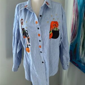 Vtg y2k halloween embroidered chambray shirt whitefish bay pumpkin kitty witch L